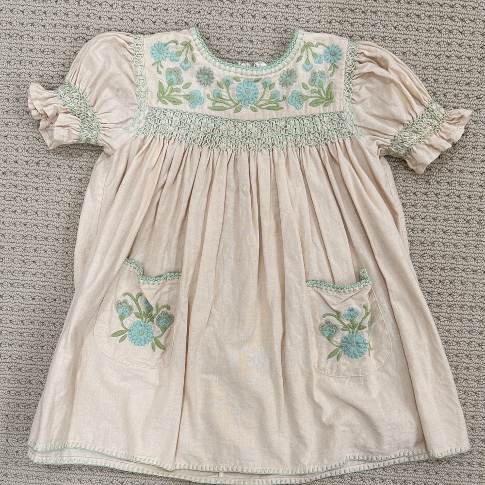 Floral Embroidered Kids Dress - Cream and Green 5-7years